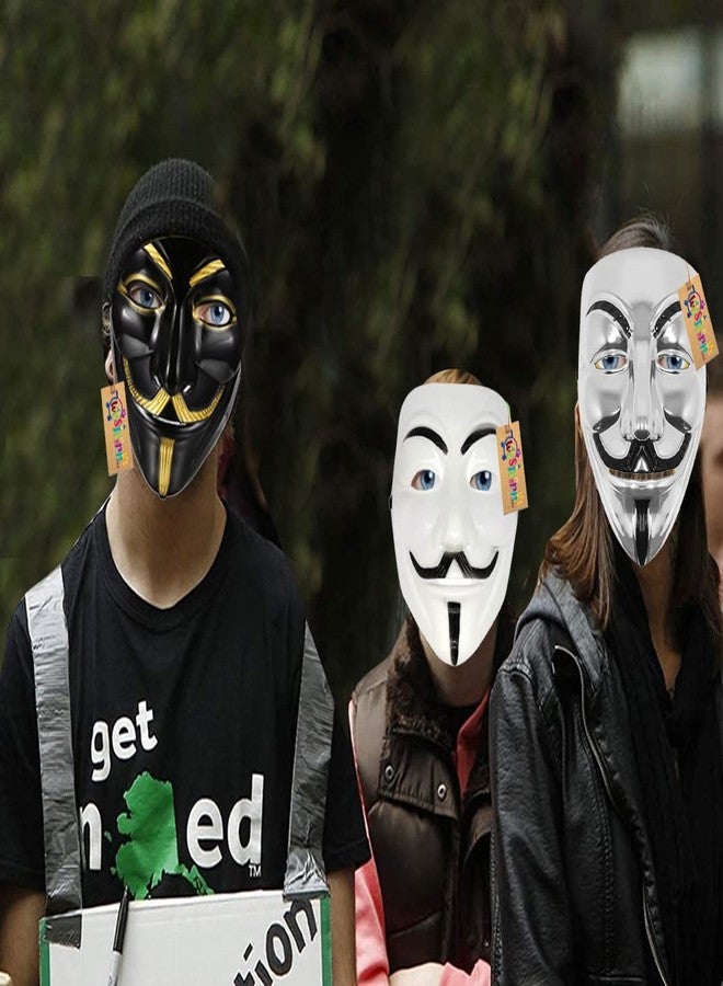 Western Era Stylish and Iconic V for Vendetta Silver, White & Black Cosplay Mask: Perfect for Fans of the Movie and Graphic Novel with its Distinctive Design and Comfortable Fit. (Combo Of 3) - Image 4